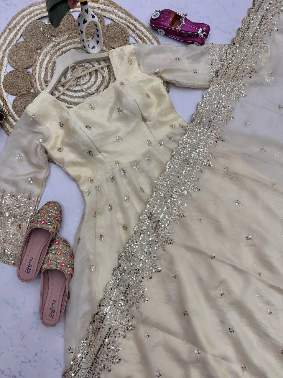 Royal Rani Satin Silk Embroidered Gown Set for Wedding and Festive Wear