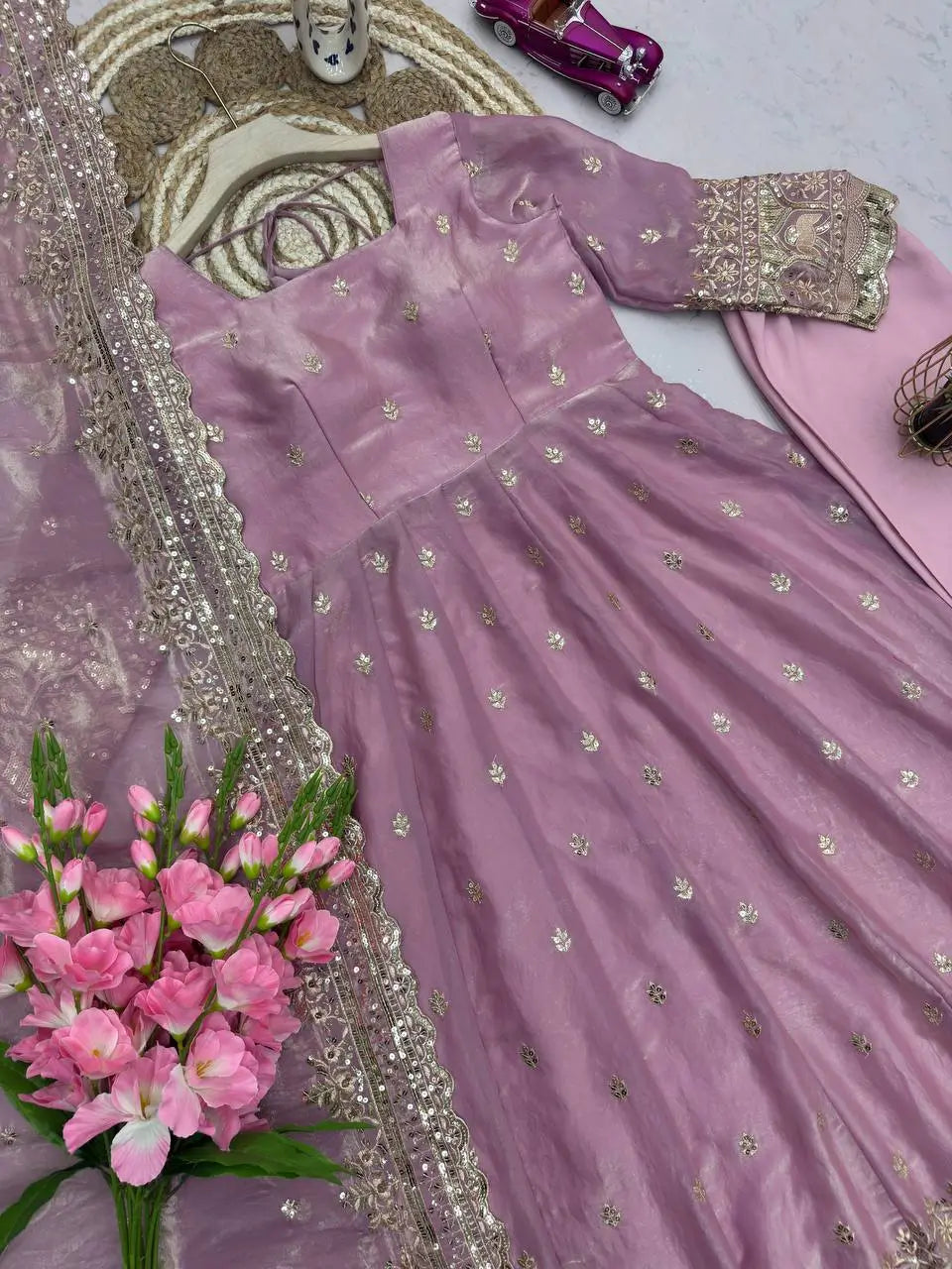 Royal Rani Satin Silk Embroidered Gown Set for Wedding and Festive Wear