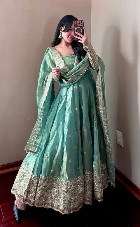 Royal Rani Satin Silk Embroidered Gown Set for Wedding and Festive Wear