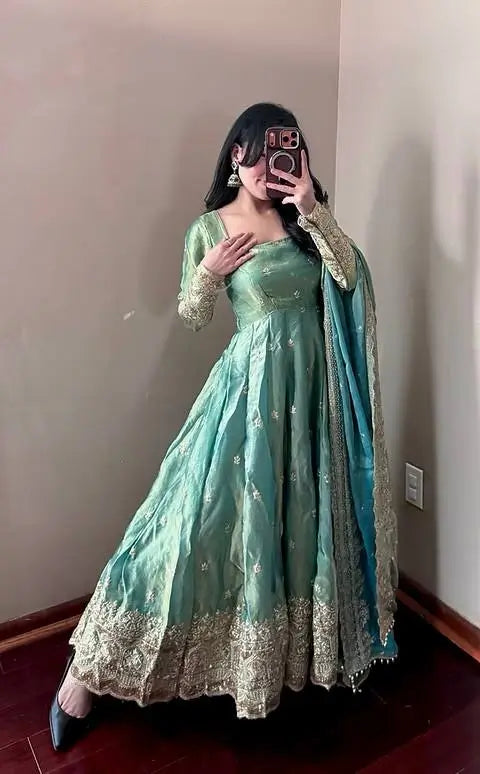 Royal Rani Satin Silk Embroidered Gown Set for Wedding and Festive Wear