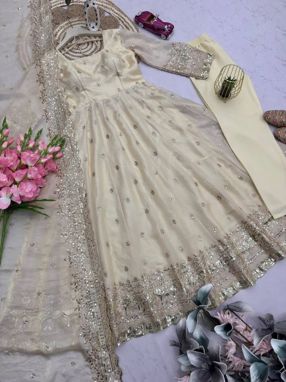 Royal Rani Satin Silk Embroidered Gown Set for Wedding and Festive Wear