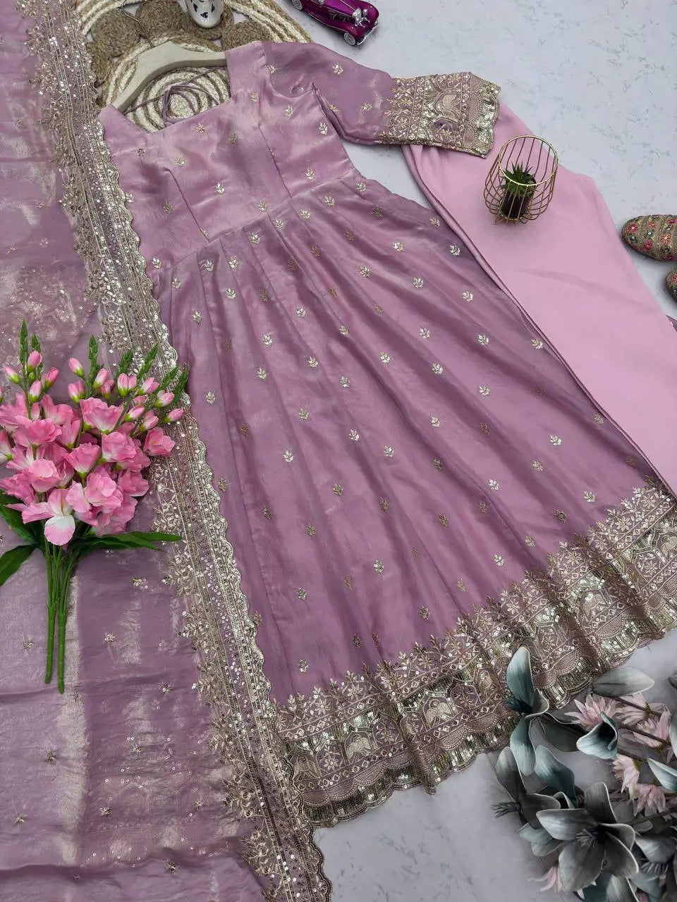 Royal Rani Satin Silk Embroidered Gown Set for Wedding and Festive Wear