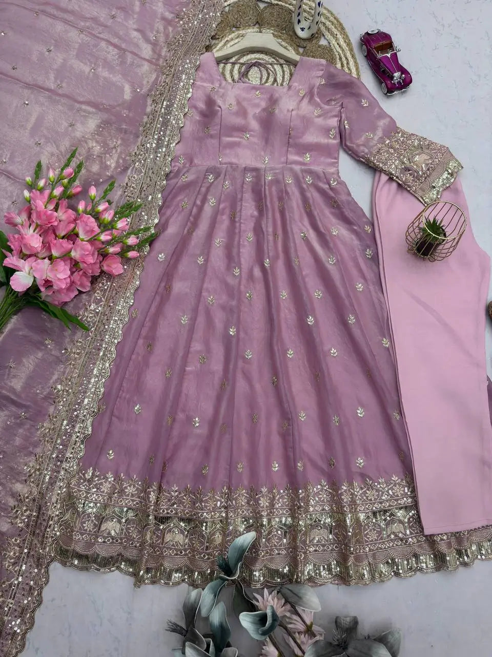Royal Rani Satin Silk Embroidered Gown Set for Wedding and Festive Wear