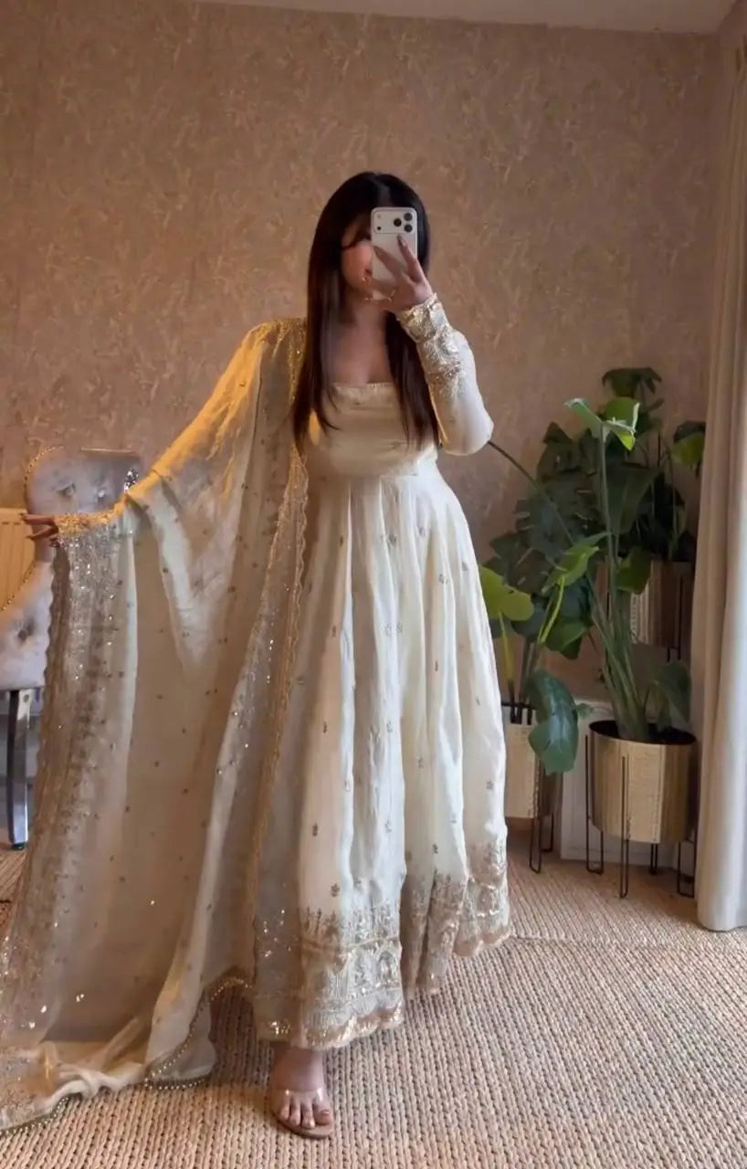 Royal Rani Satin Silk Embroidered Gown Set for Wedding and Festive Wear