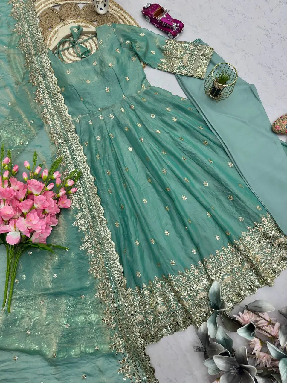 Royal Rani Satin Silk Embroidered Gown Set for Wedding and Festive Wear