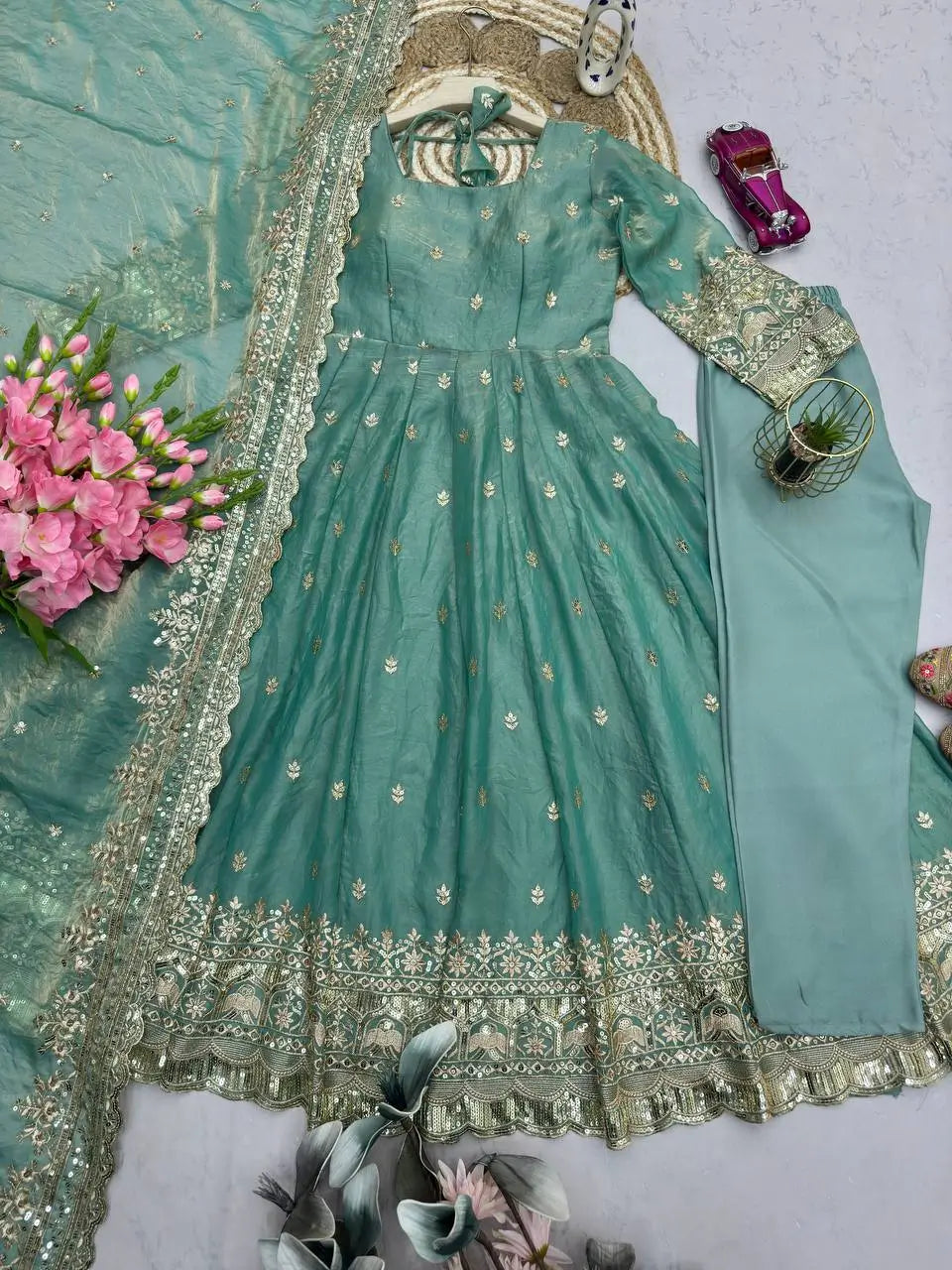 Royal Rani Satin Silk Embroidered Gown Set for Wedding and Festive Wear