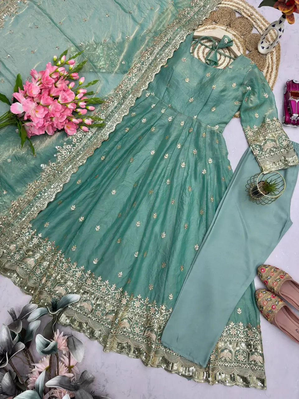 Royal Rani Satin Silk Embroidered Gown Set for Wedding and Festive Wear