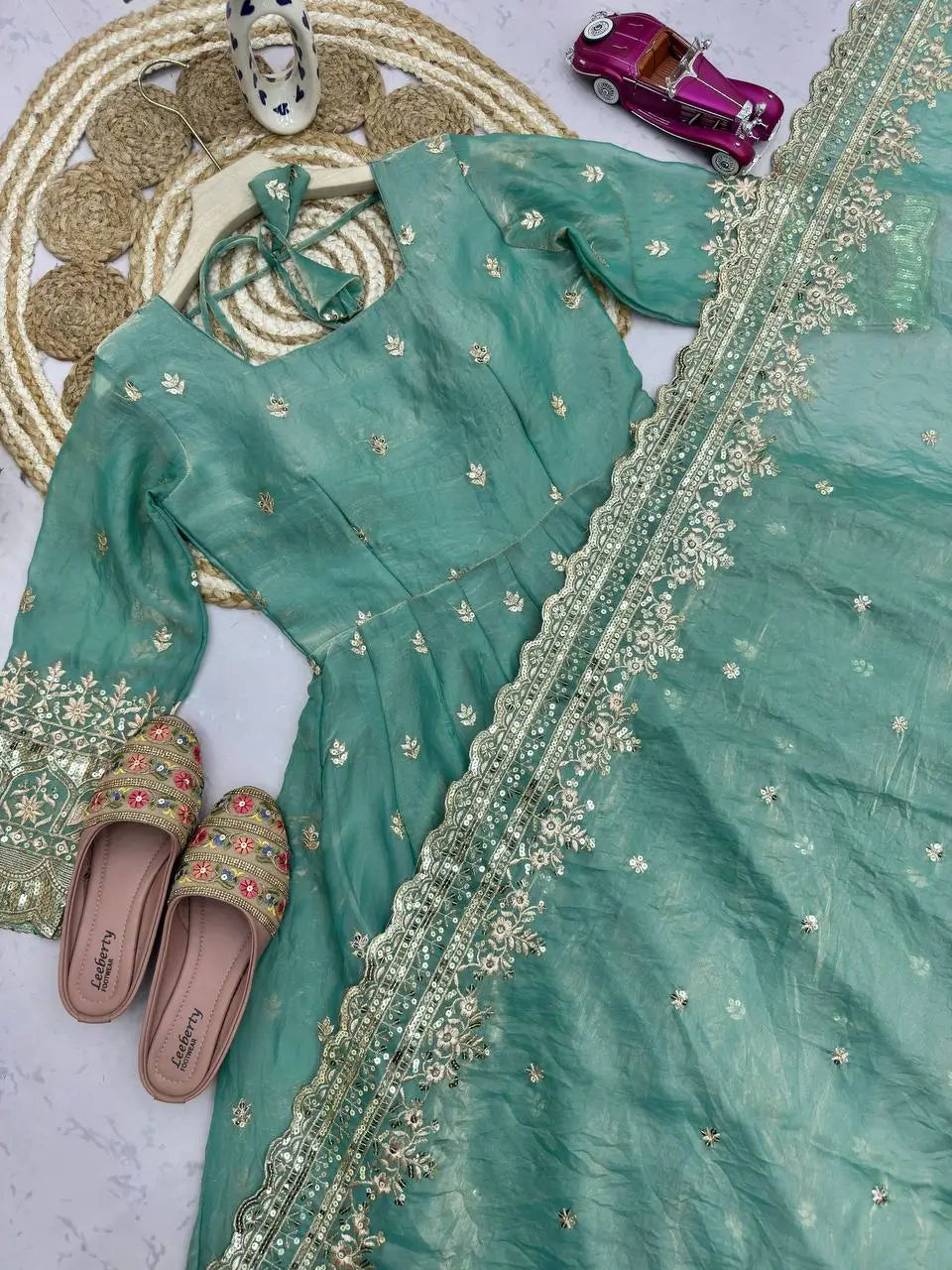 Royal Rani Satin Silk Embroidered Gown Set for Wedding and Festive Wear