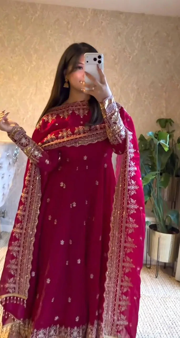 Royal Rani Satin Silk Embroidered Gown Set for Wedding and Festive Wear
