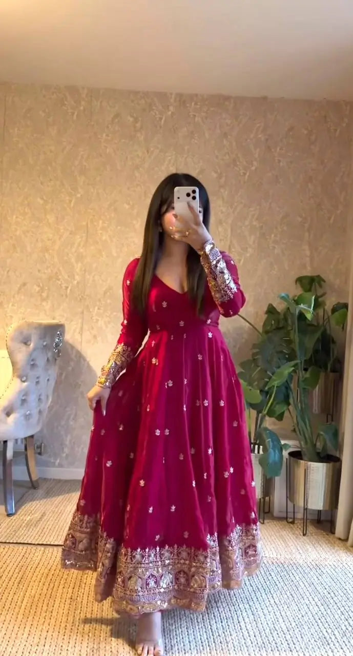 Royal Rani Satin Silk Embroidered Gown Set for Wedding and Festive Wear