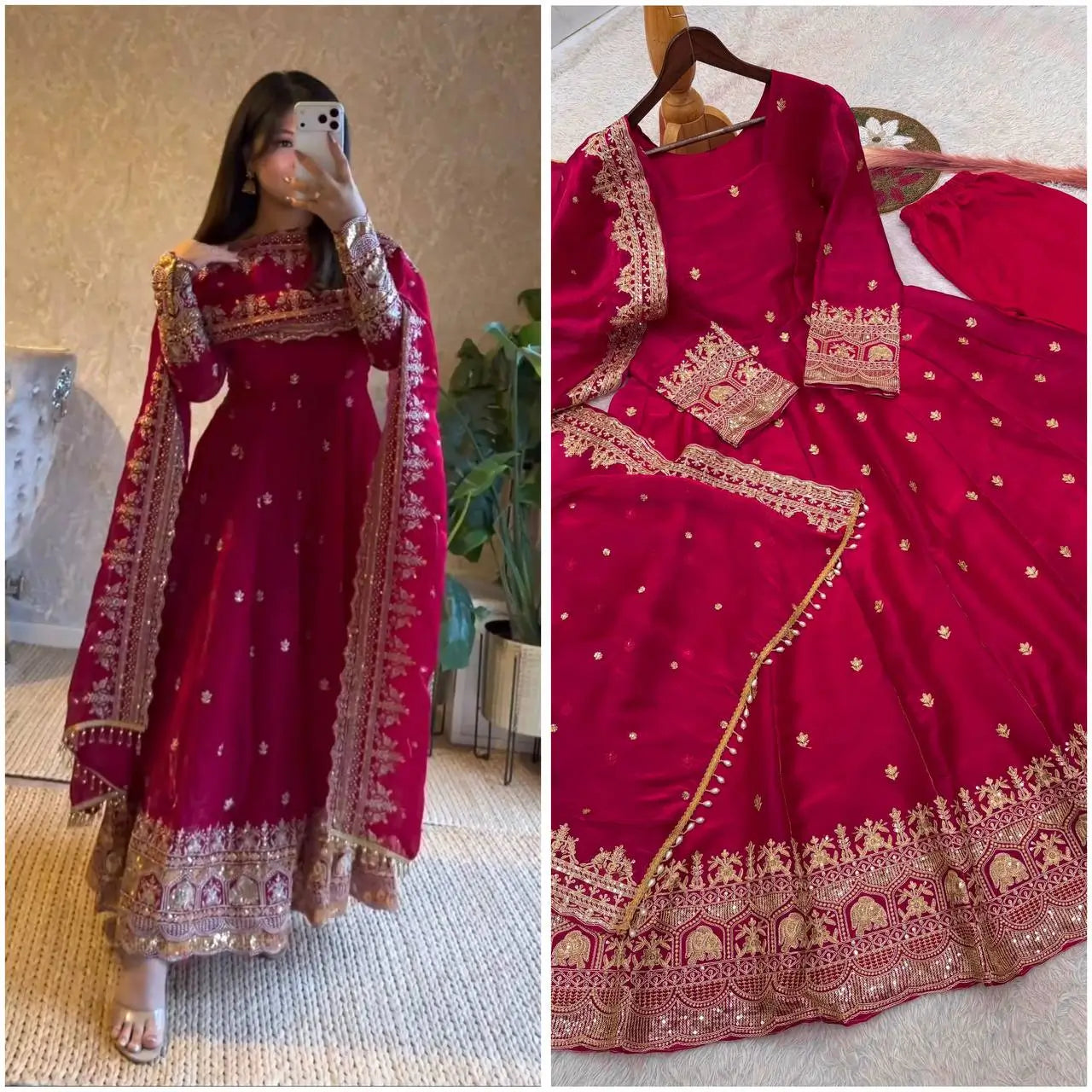 Royal Rani Satin Silk Embroidered Gown Set for Wedding and Festive Wear