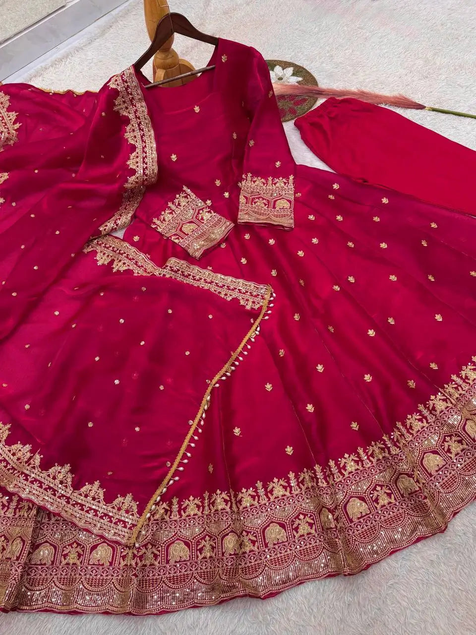 Royal Rani Satin Silk Embroidered Gown Set for Wedding and Festive Wear