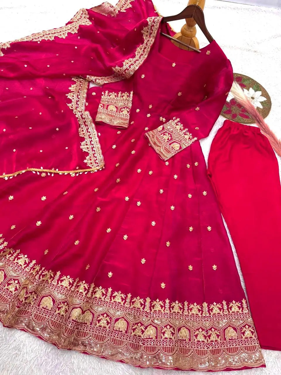 Royal Rani Satin Silk Embroidered Gown Set for Wedding and Festive Wear