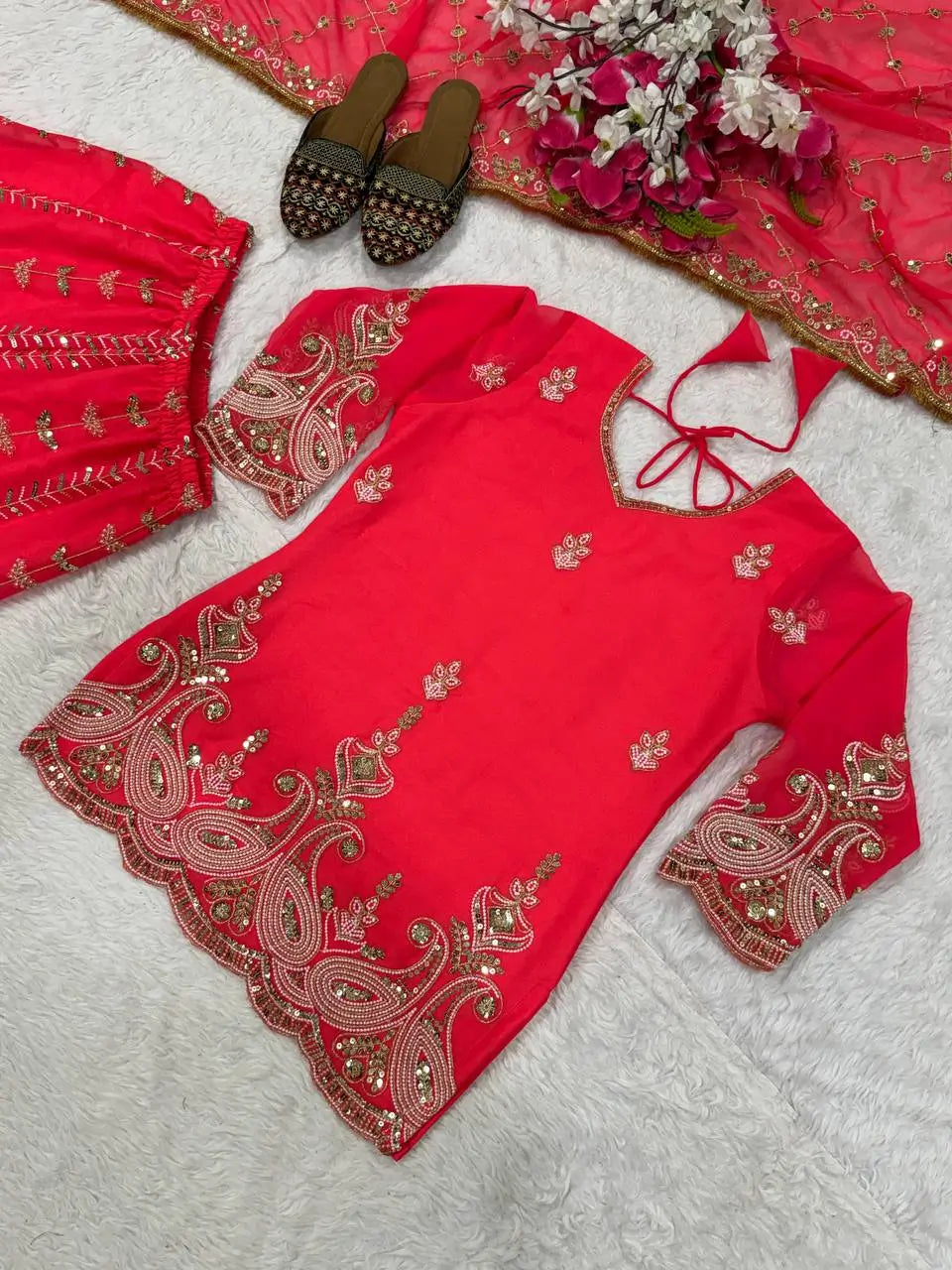 Royal Red Embroidered Sharara Set for Wedding and Festive Wear