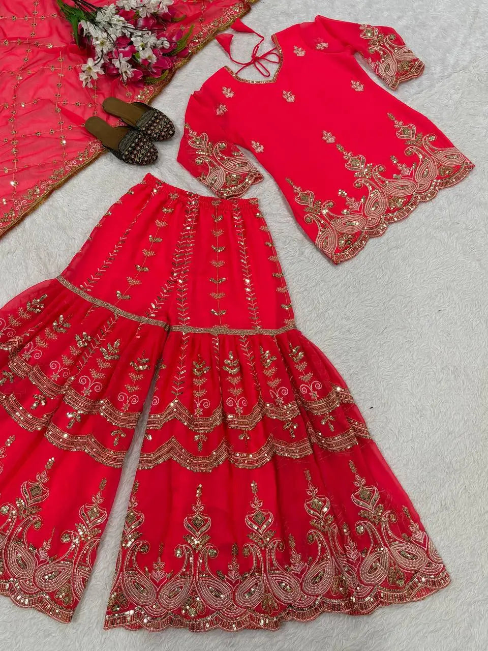 Royal Red Embroidered Sharara Set for Wedding and Festive Wear
