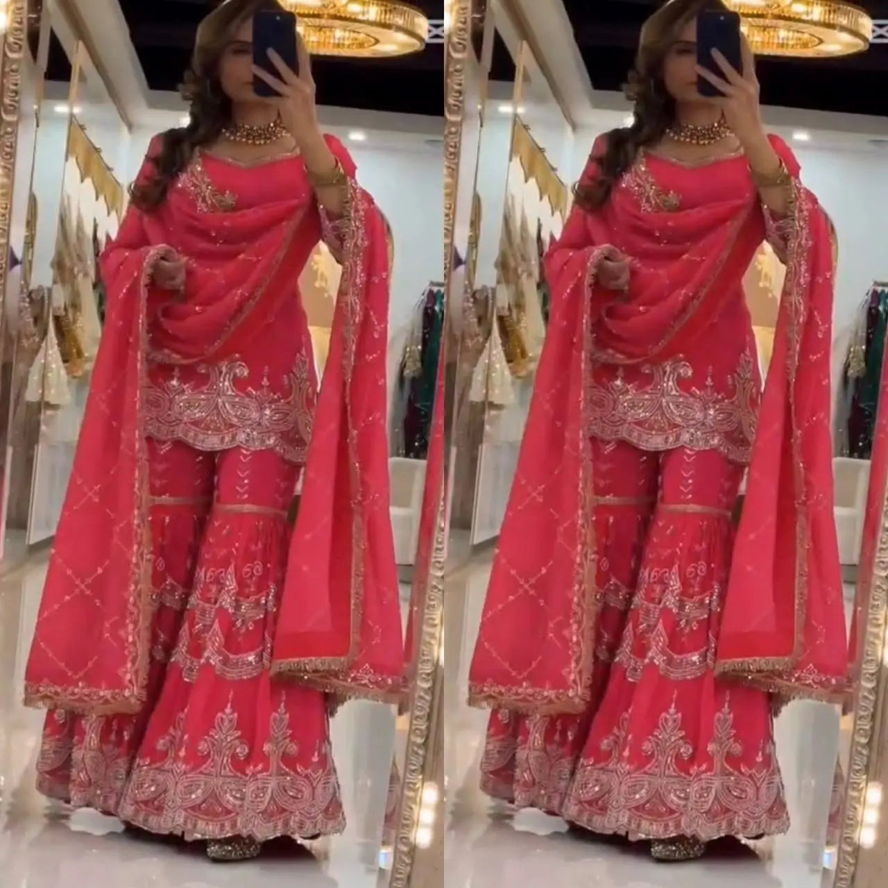 Royal Red Embroidered Sharara Set for Wedding and Festive Wear