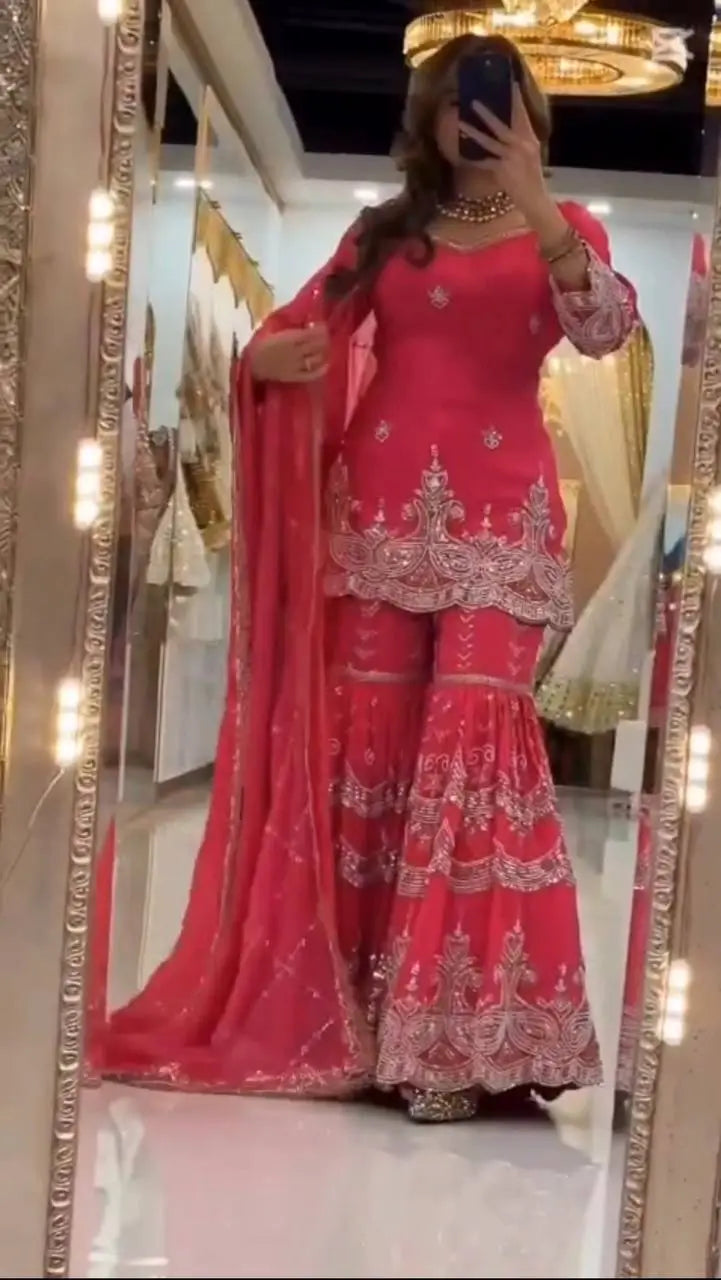 Royal Red Embroidered Sharara Set for Wedding and Festive Wear