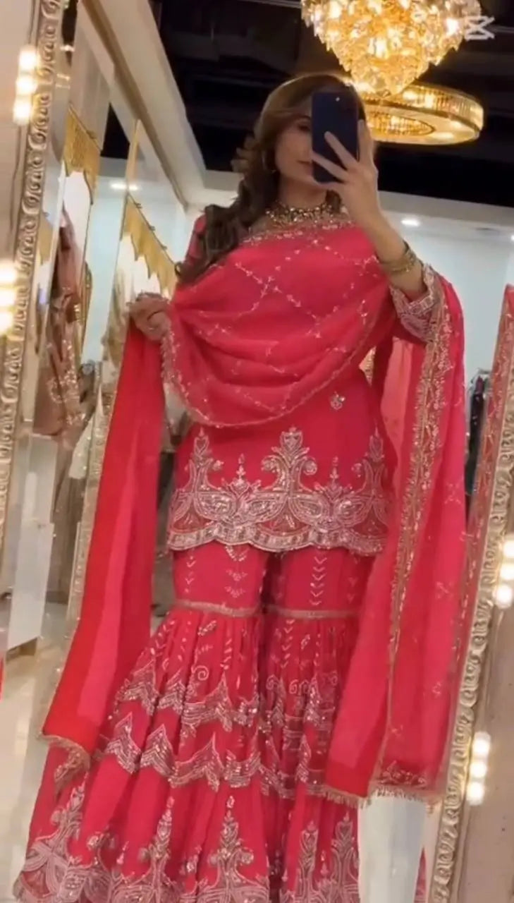 Royal Red Embroidered Sharara Set for Wedding and Festive Wear