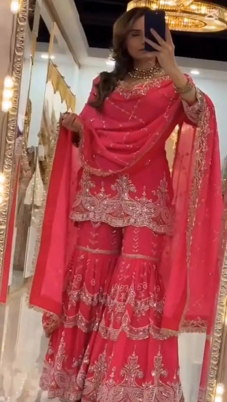 Royal Red Embroidered Sharara Set for Wedding and Festive Wear