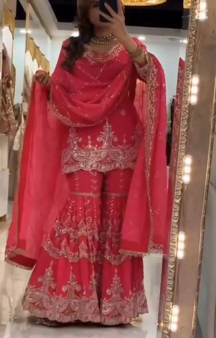 Royal Red Embroidered Sharara Set for Wedding and Festive Wear
