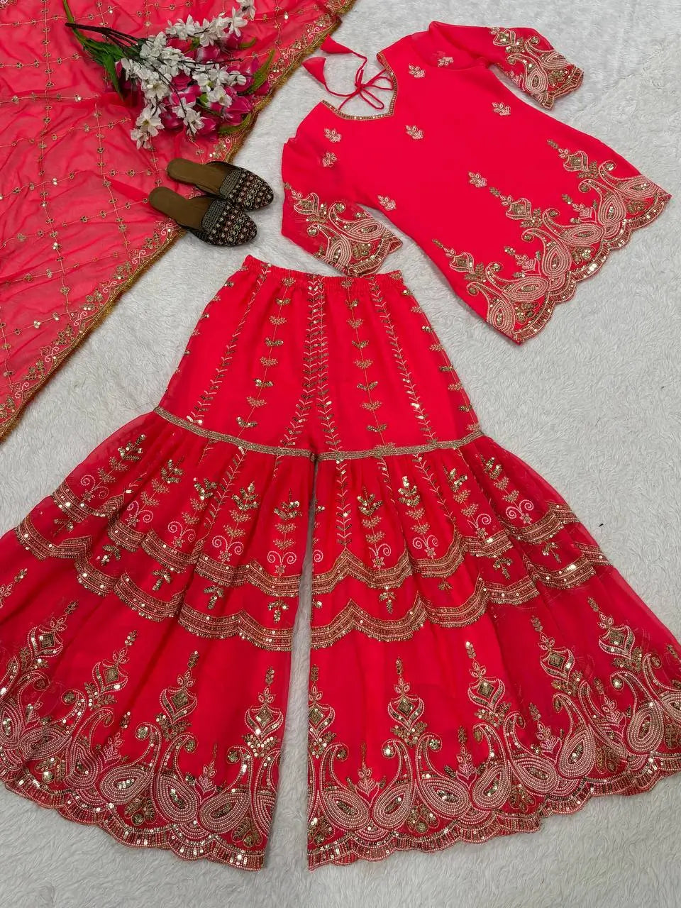 Royal Red Embroidered Sharara Set for Wedding and Festive Wear