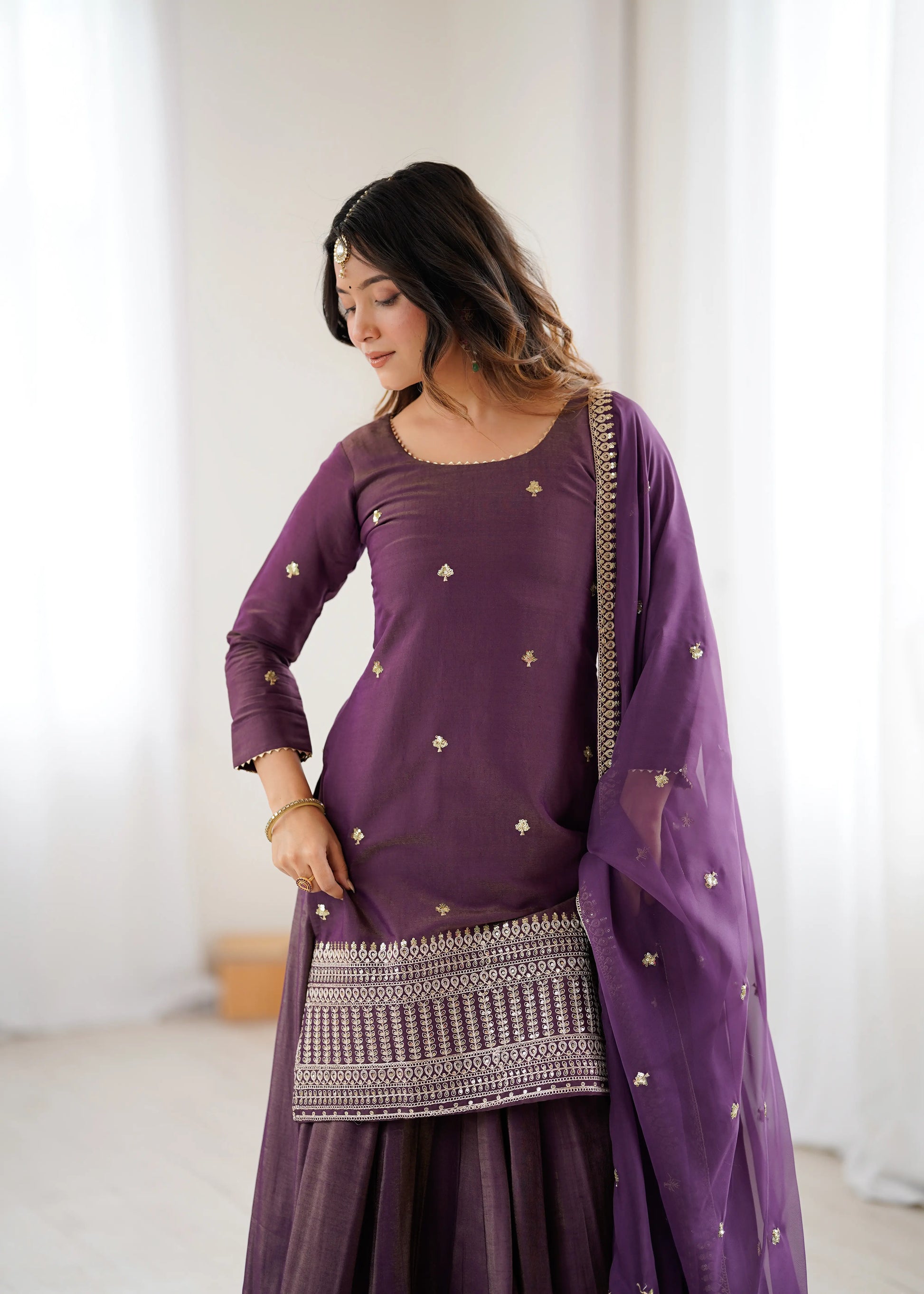 Royal Roman Shimmer Kurta Lehenga Set for Festive and Wedding Wear