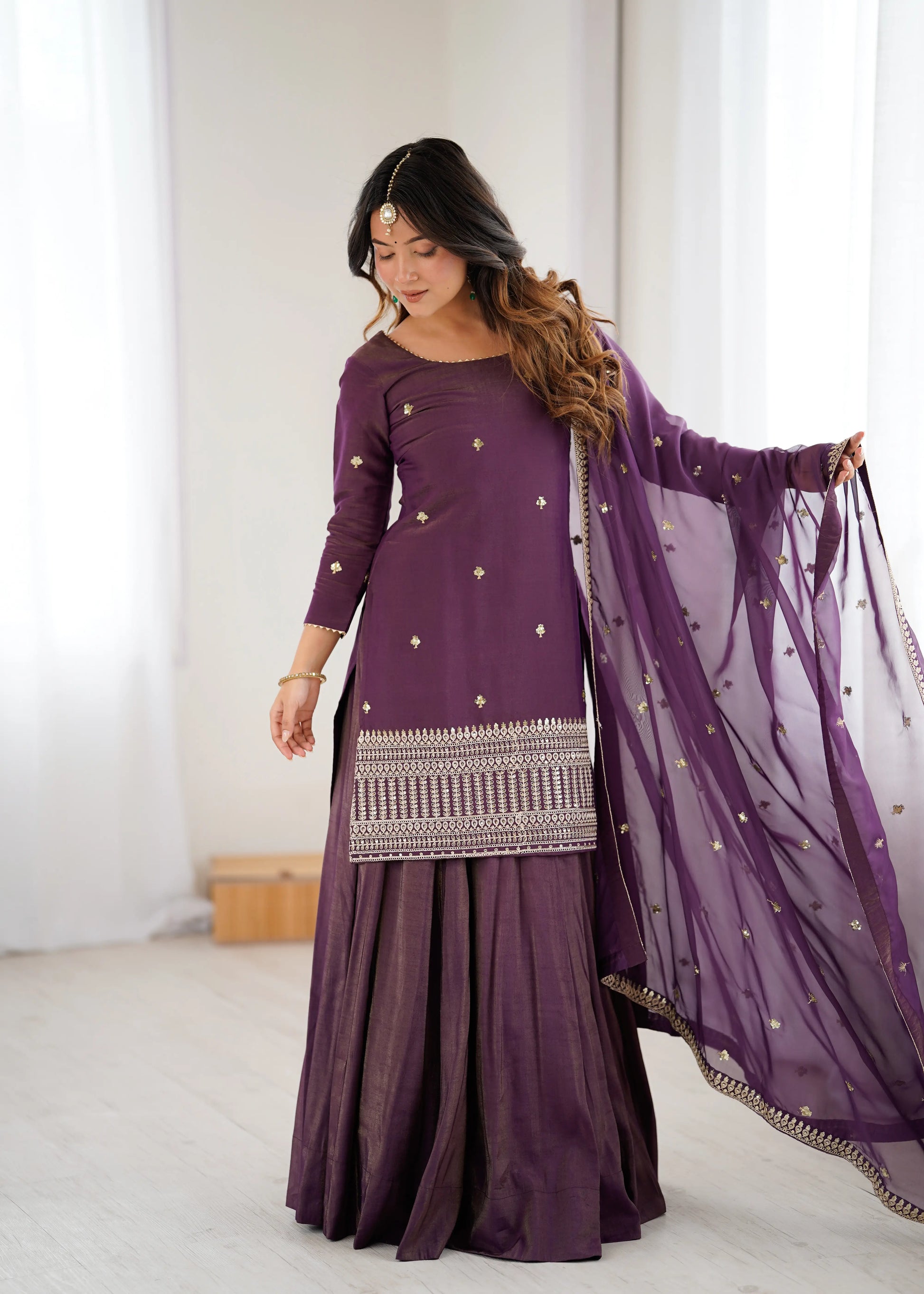 Royal Roman Shimmer Kurta Lehenga Set for Festive and Wedding Wear