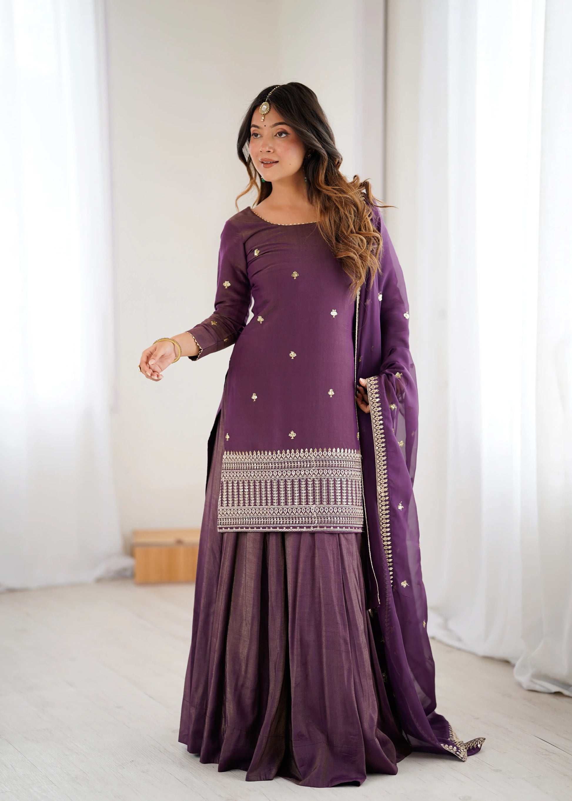 Royal Roman Shimmer Kurta Lehenga Set for Festive and Wedding Wear