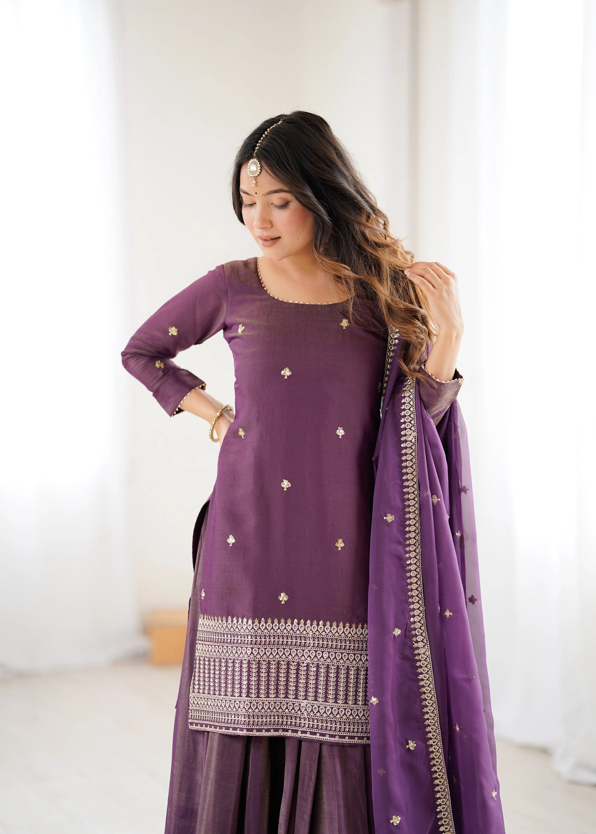 Royal Roman Shimmer Kurta Lehenga Set for Festive and Wedding Wear