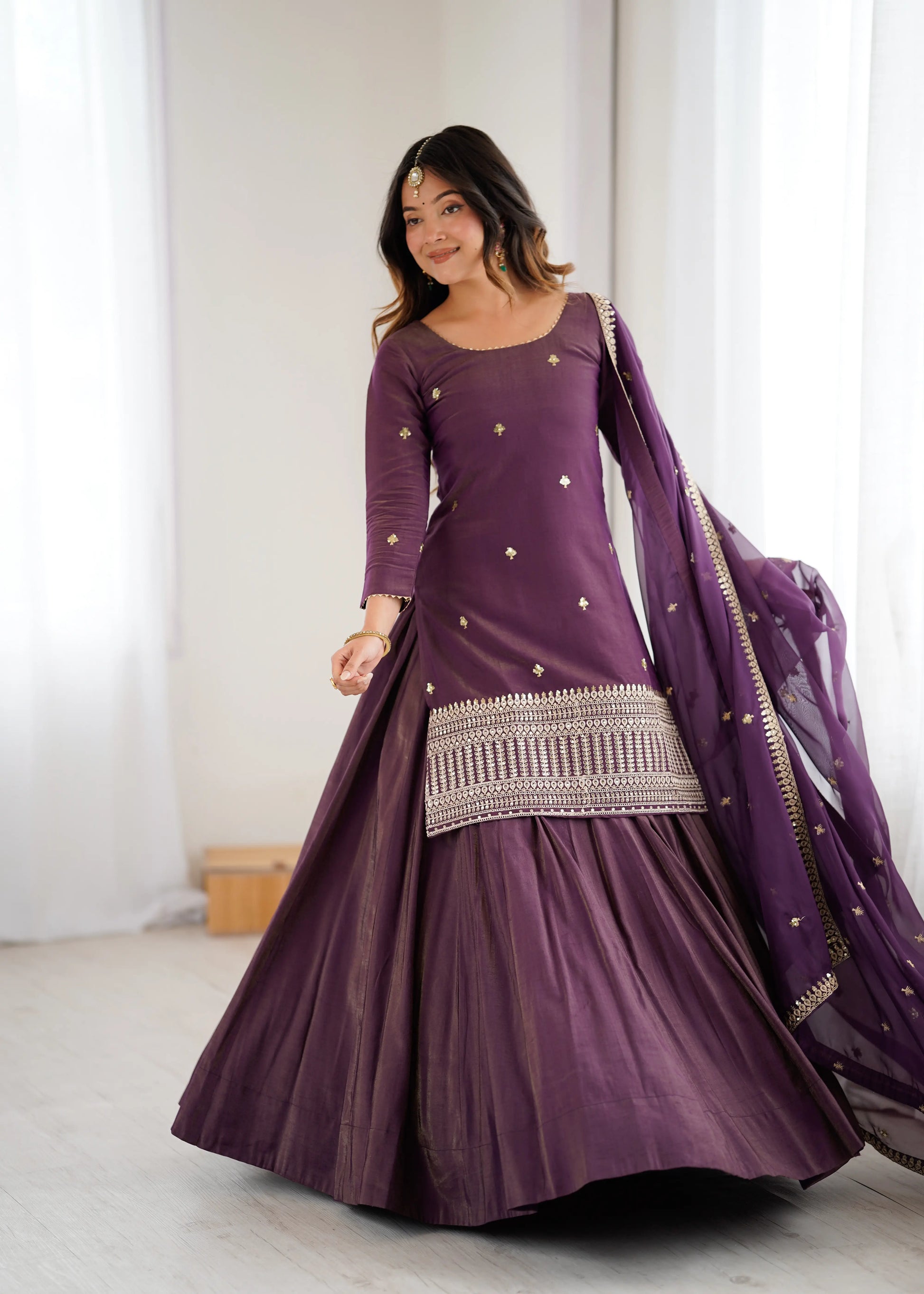 Royal Roman Shimmer Kurta Lehenga Set for Festive and Wedding Wear