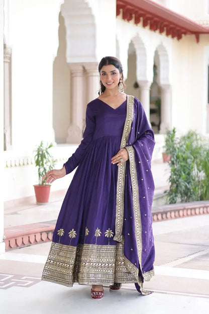 Royal Vichitra Silk Embroidered Gown Set for Wedding and Festive Wear