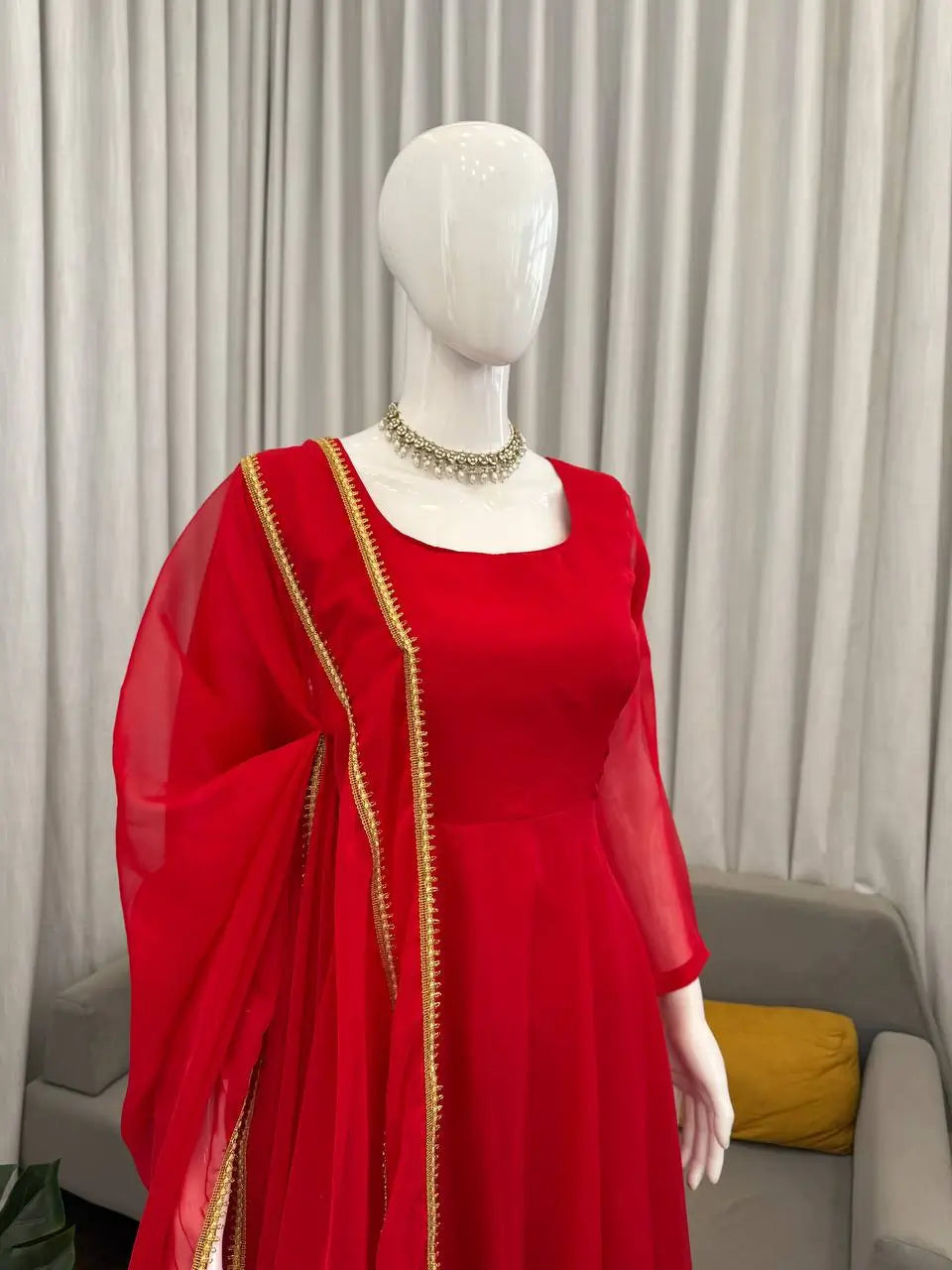 Ruby Red Plain Anarkali Suit Set with Lace Border Dupatta