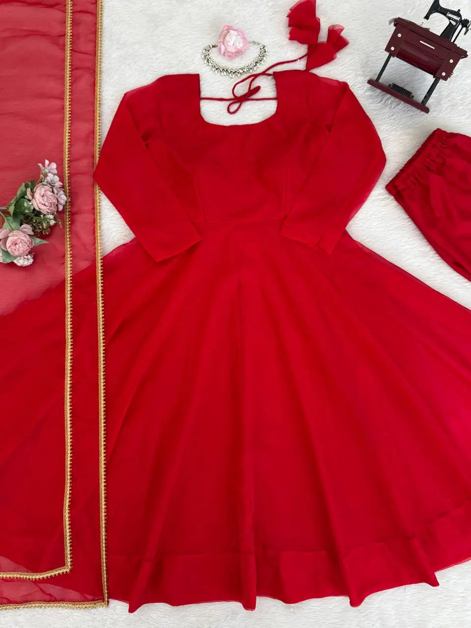 Ruby Red Plain Anarkali Suit Set with Lace Border Dupatta