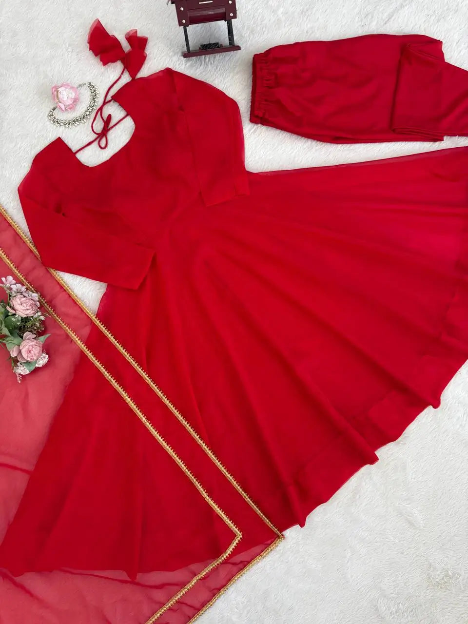 Ruby Red Plain Anarkali Suit Set with Lace Border Dupatta