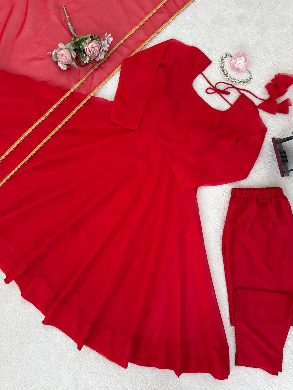 Ruby Red Plain Anarkali Suit Set with Lace Border Dupatta
