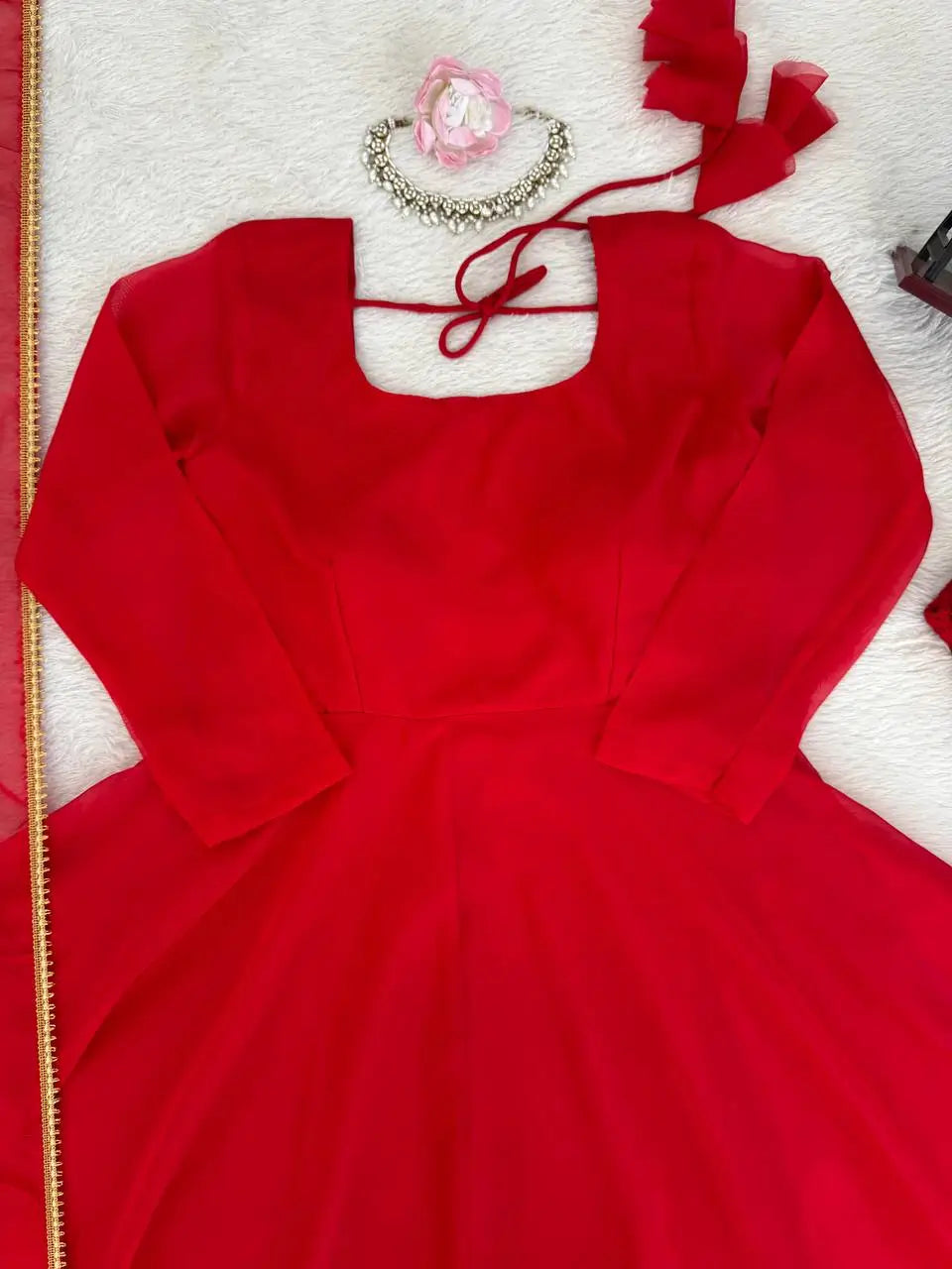 Ruby Red Plain Anarkali Suit Set with Lace Border Dupatta
