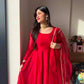 Ruby Red Plain Anarkali Suit Set with Lace Border Dupatta