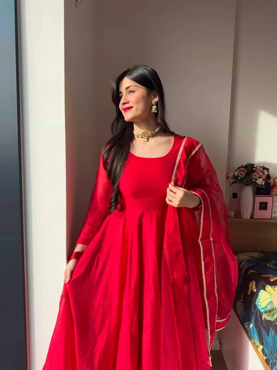 Ruby Red Plain Anarkali Suit Set with Lace Border Dupatta