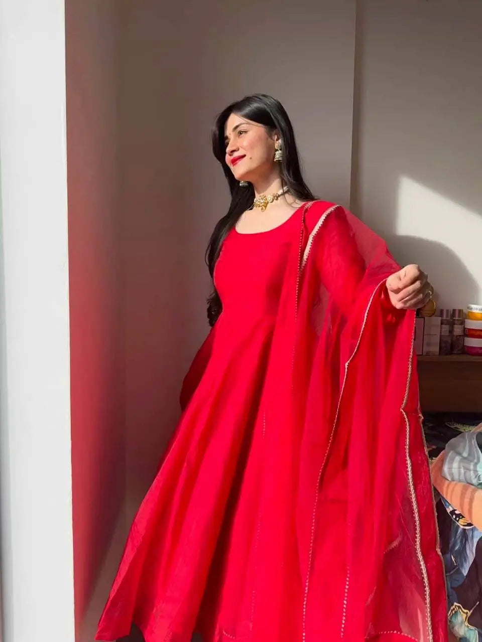 Ruby Red Plain Anarkali Suit Set with Lace Border Dupatta