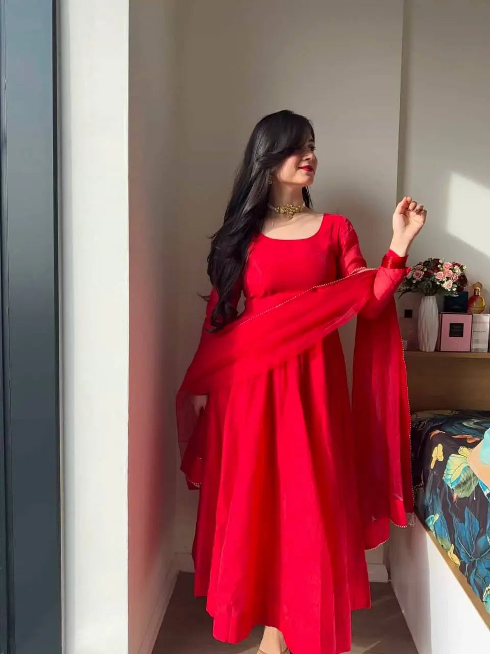 Ruby Red Plain Anarkali Suit Set with Lace Border Dupatta