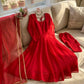 Ruby Red Plain Anarkali Suit Set with Lace Border Dupatta