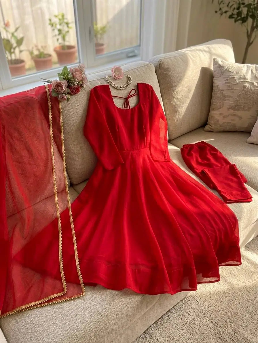 Ruby Red Plain Anarkali Suit Set with Lace Border Dupatta