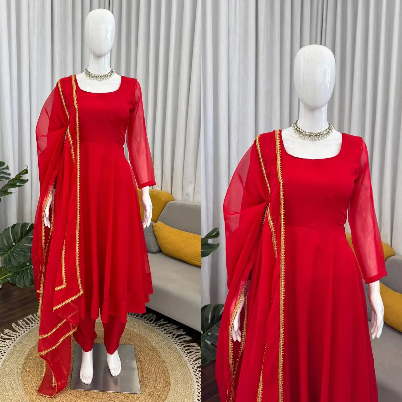 Ruby Red Plain Anarkali Suit Set with Lace Border Dupatta