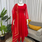 Ruby Red Plain Anarkali Suit Set with Lace Border Dupatta