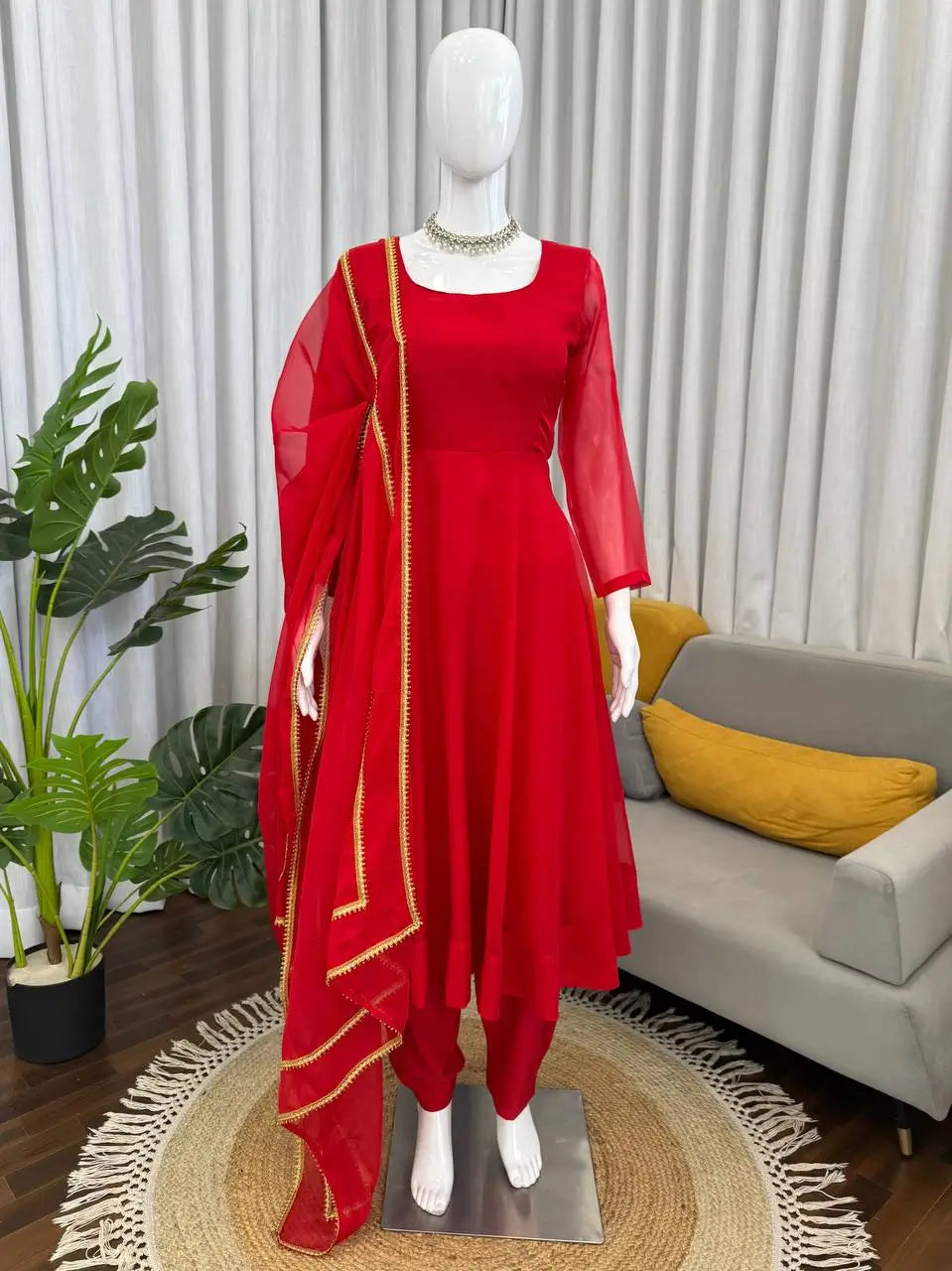 Ruby Red Plain Anarkali Suit Set with Lace Border Dupatta
