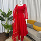 Ruby Red Plain Anarkali Suit Set with Lace Border Dupatta