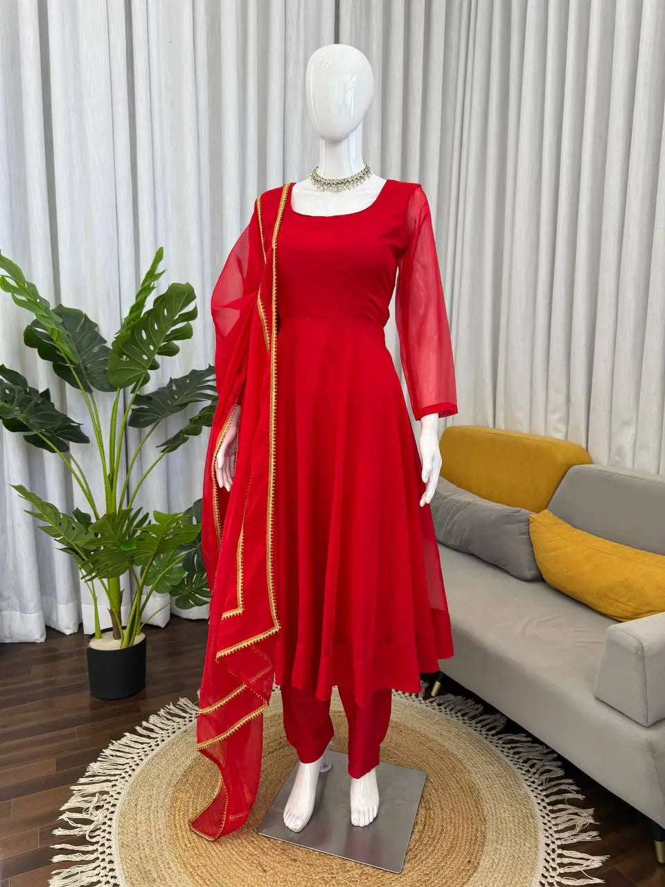 Ruby Red Plain Anarkali Suit Set with Lace Border Dupatta