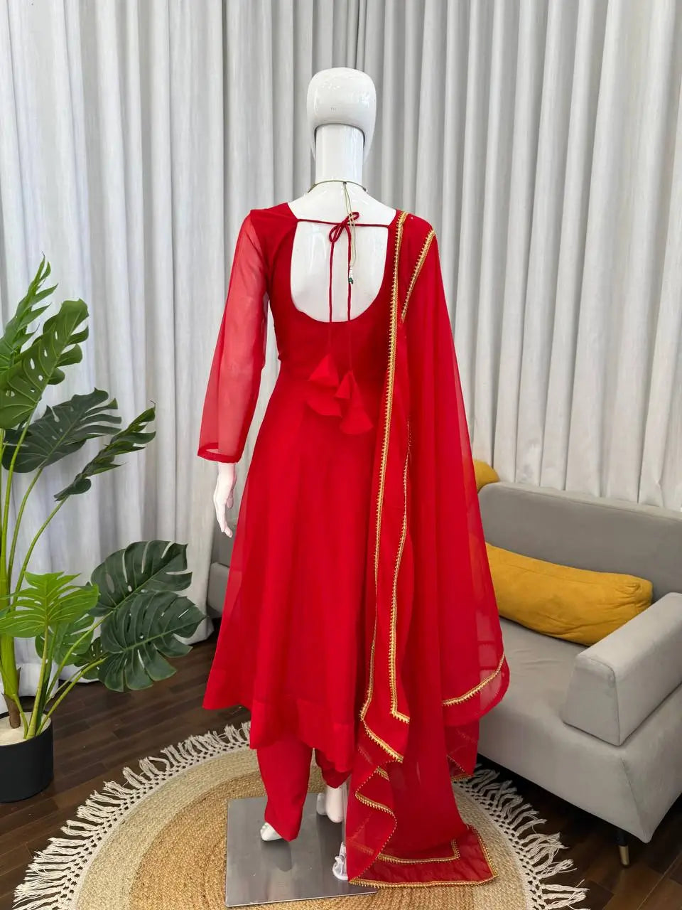 Ruby Red Plain Anarkali Suit Set with Lace Border Dupatta
