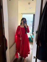 Ruby Red Plain Anarkali Suit Set with Lace Border Dupatta