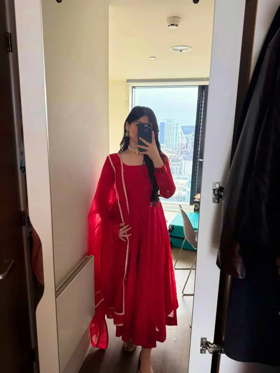 Ruby Red Plain Anarkali Suit Set with Lace Border Dupatta
